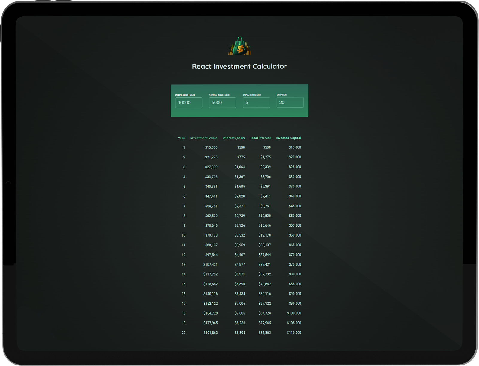 an investment calculator app on an ipad